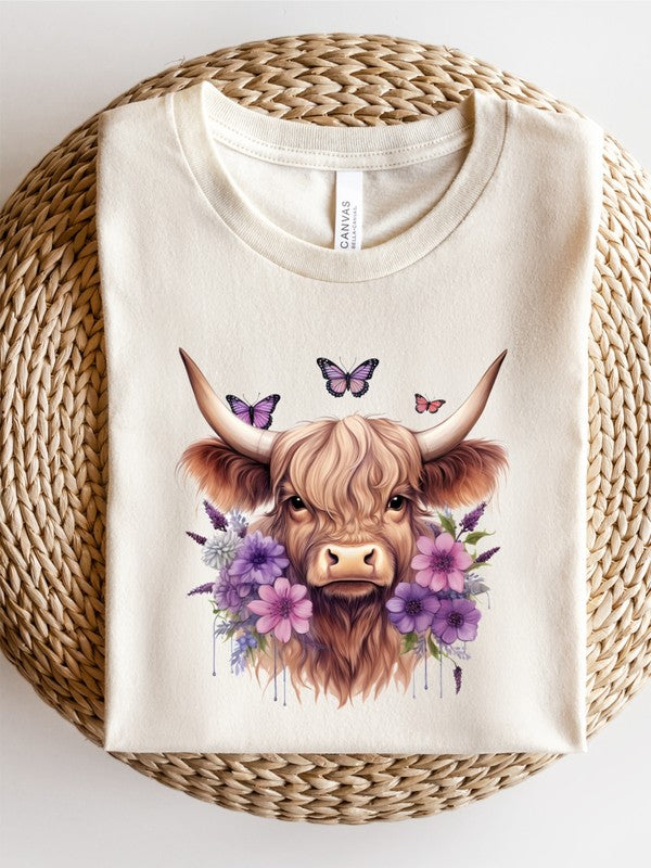 Purple Flowers Baby Highland Cow Graphic Tee