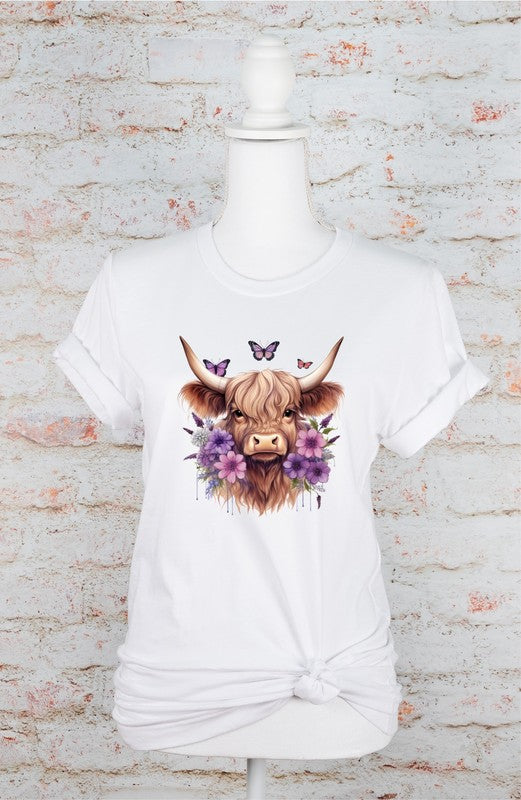 Purple Flowers Baby Highland Cow Graphic Tee