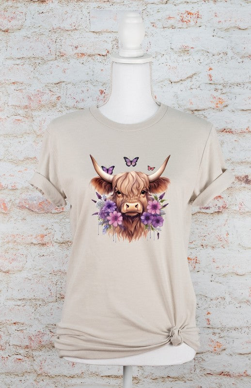 Purple Flowers Baby Highland Cow Graphic Tee